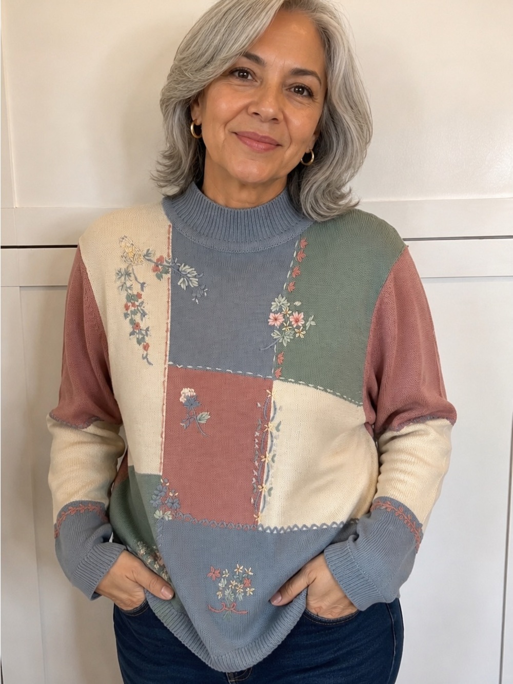 Alfred Dunner Patchwork Floral Mock-Neck Sweater in Rose, Sage & Slate